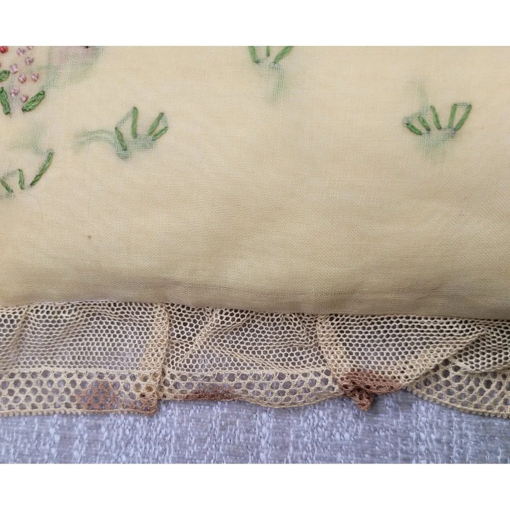 Vintage Embroidery Pillow with Lace Edges 12x12 Shabby Chic Cottagecore‎ Yellow